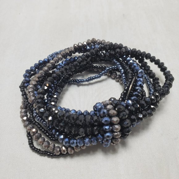 Ali Khan multi 12-strand black/hematite crystal glass stretch bracelet: - Picture 5 of 5